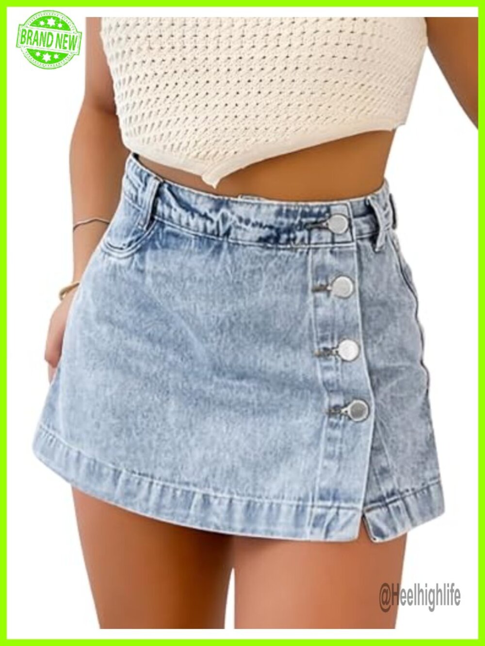 Denim Skort for Women Slit Stretchy Jean Skirt with Shorts High Rise A-Line
